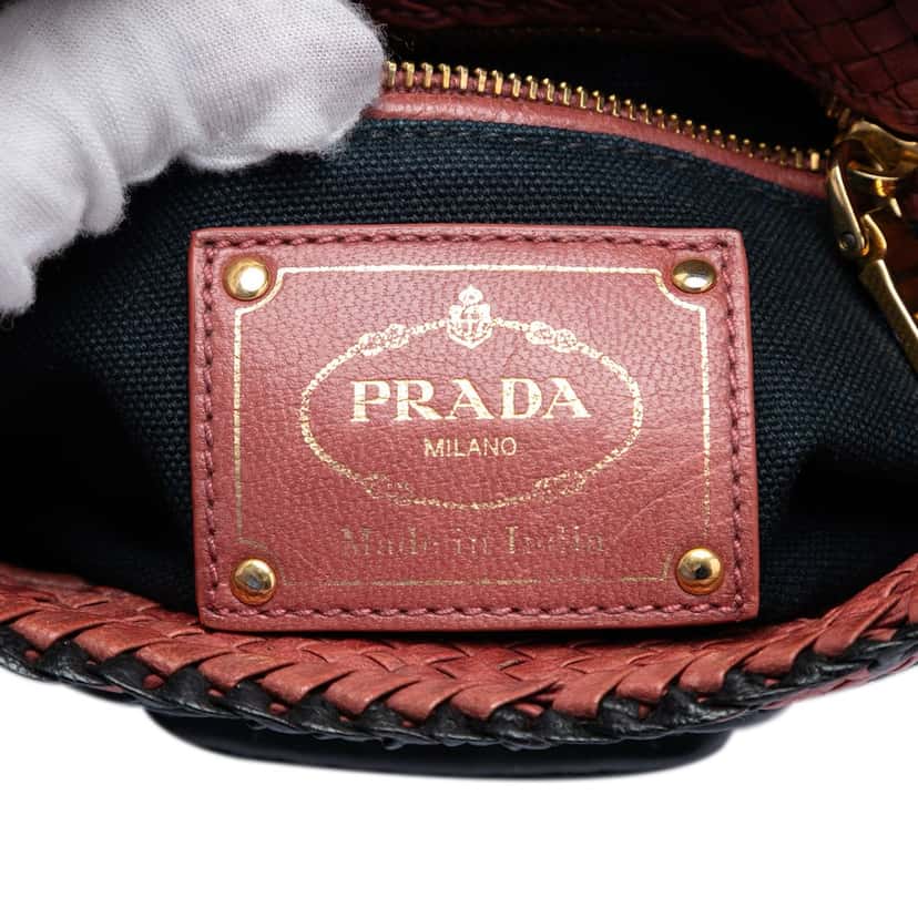 Prada Bicolor Woven Goatskin Madras Crossbody Black Leather Very good condition - Box View