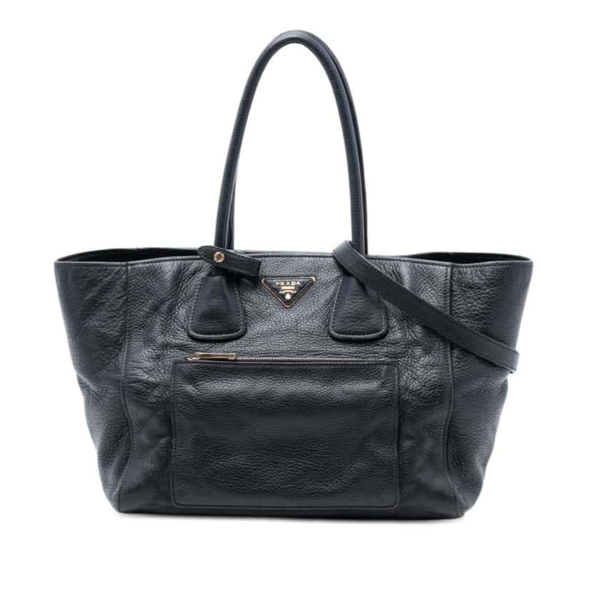 Prada Vitello Daino Front Pocket Open Convertible Tote Black Leather Very good condition - Front View