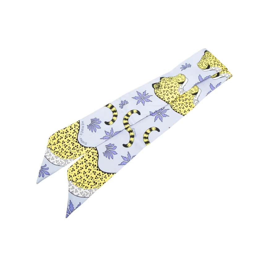 Hermès Les Leopards Silk Twilly Scarf Blue Very good condition - Front View