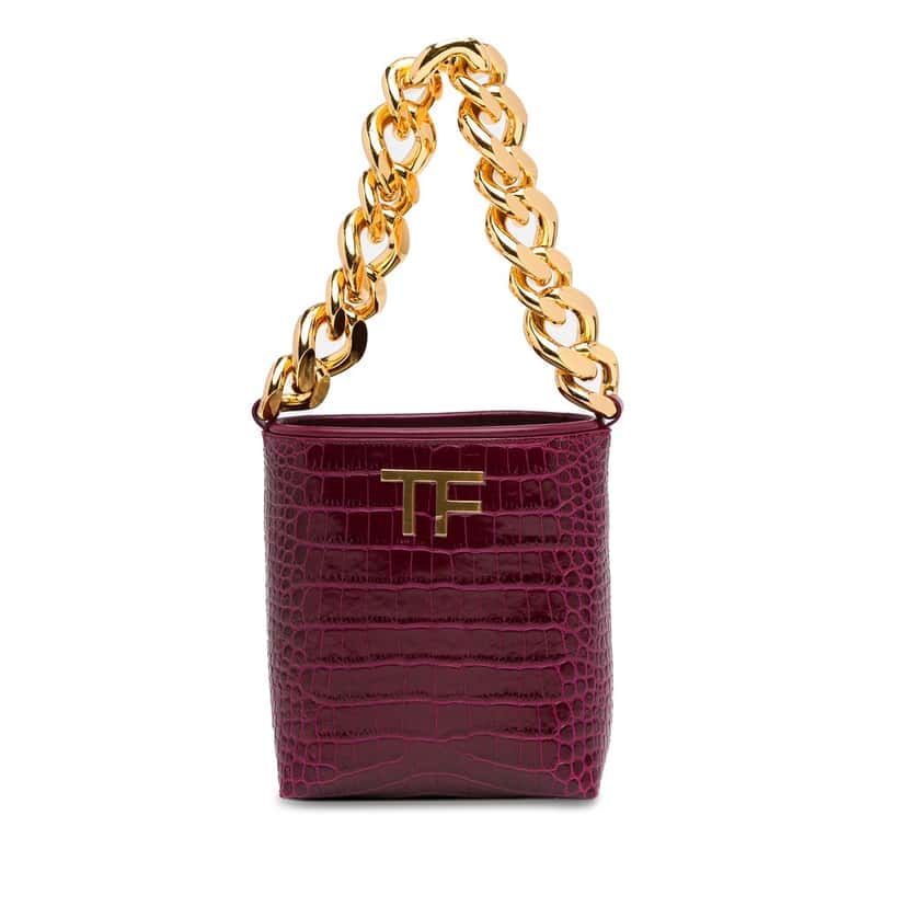 Tom Ford Mini Croc-Embossed Chain Bucket Bag Purple Leather Very good condition - Front View