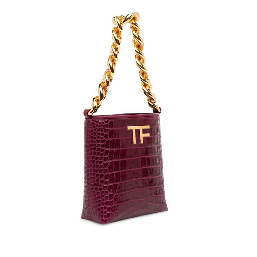 Tom Ford Mini Croc-Embossed Chain Bucket Bag Purple Leather Very good condition - Back View