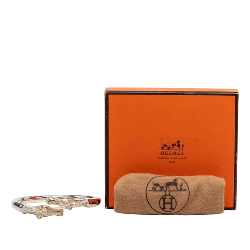 Hermès Palladium Plated Ravinet d Enfert Double Horse Head Bracelet Silver Metal Very good condition - Box View