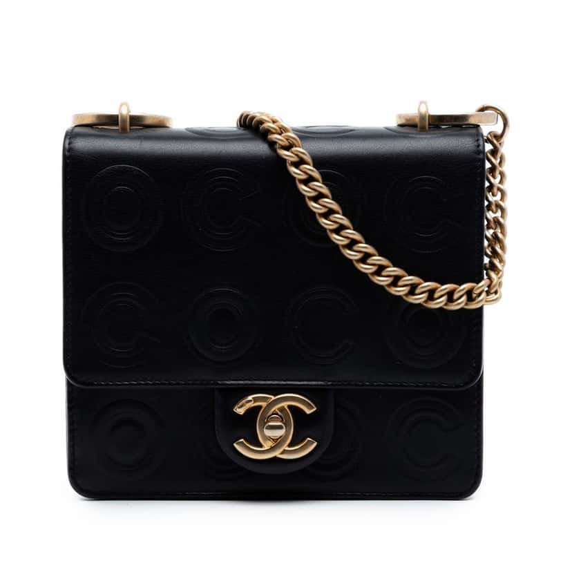 Chanel Mini Square Calfskin Coco Embossed Flap Black Leather Very good condition - Front View
