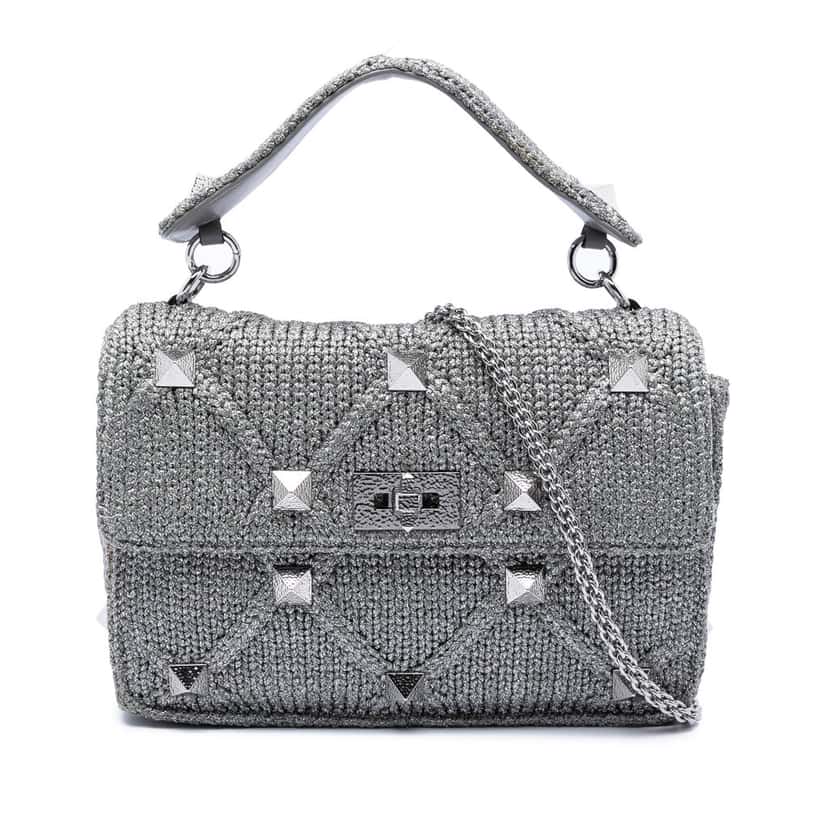 Valentino Large Metallic Knit Roman Stud Satchel Silver Very good condition - Front View