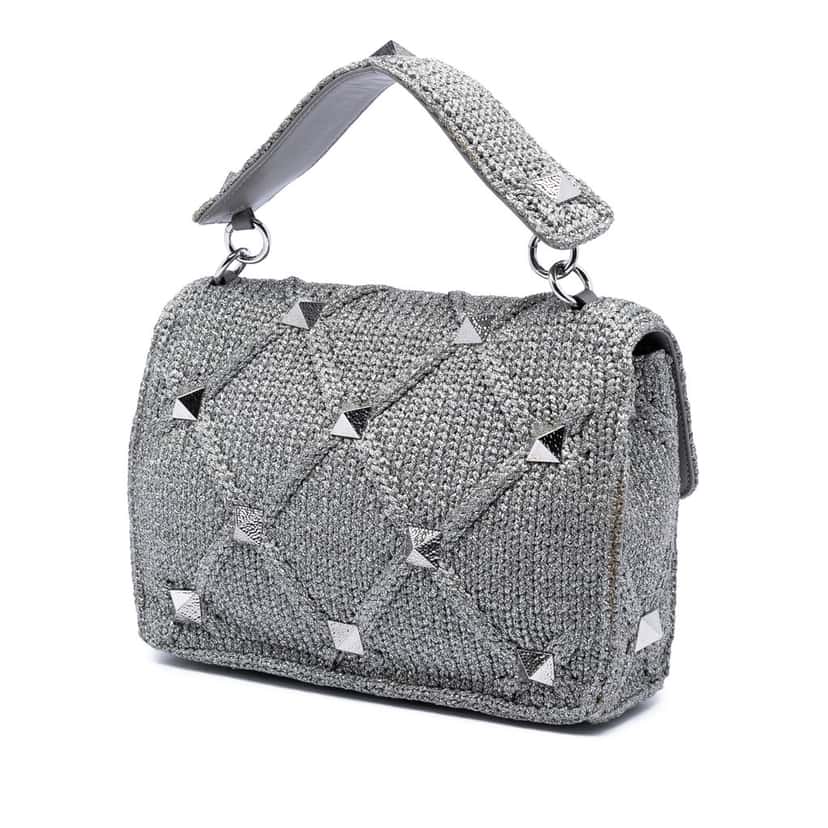 Valentino Large Metallic Knit Roman Stud Satchel Silver Very good condition - Back View