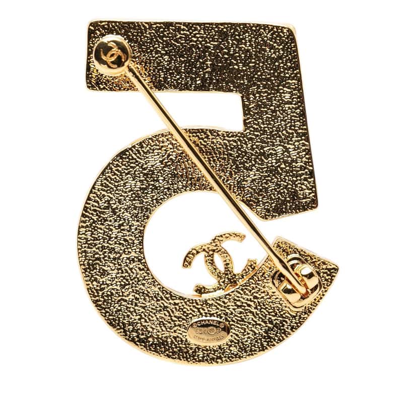 Chanel CC Gold Plated Enamel No. 5 Brooch Gold Metal Very good condition - Back View