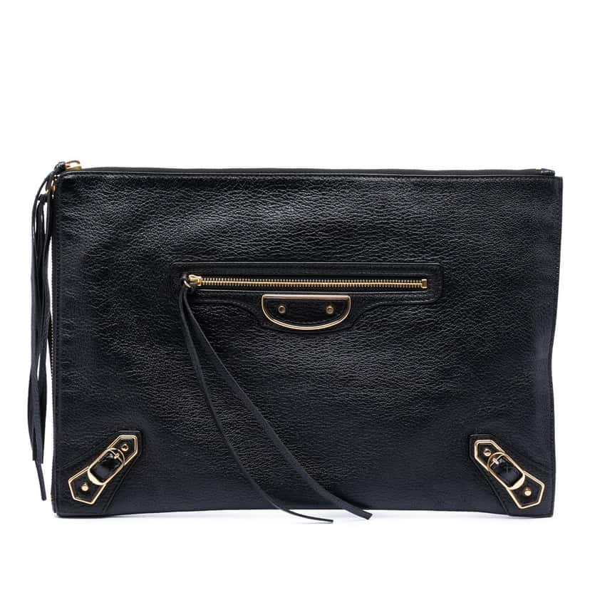Balenciaga Goatskin Motocross Classic Metallic Edge Clutch Black Leather Very good condition - Front View