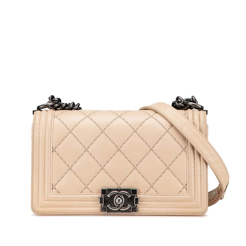 Chanel Old Medium Aged Calfskin Double Stitch Boy Flap Beige Leather Very good condition - Front View