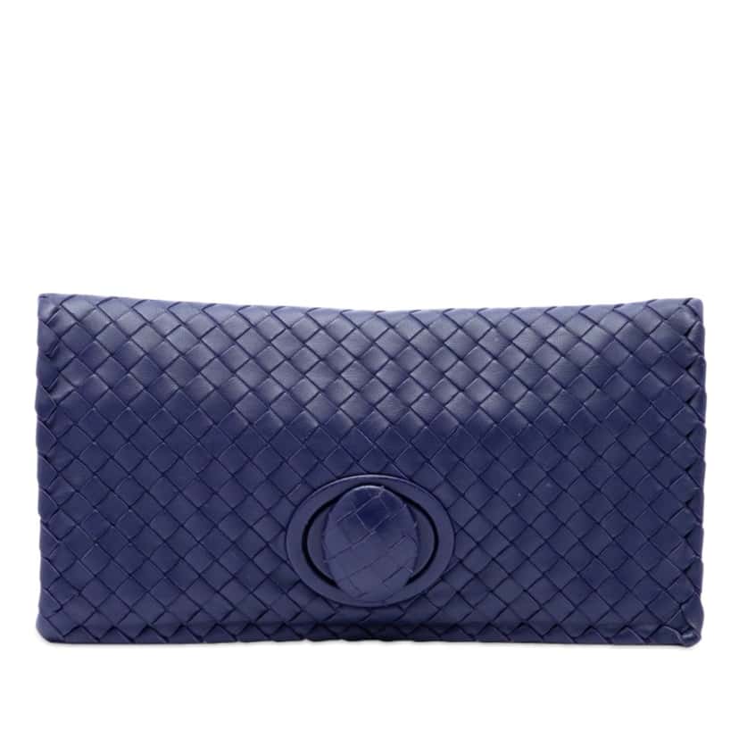 Bottega Veneta Nappa Intrecciato Turn Lock Clutch Blue Leather Very good condition - Front View