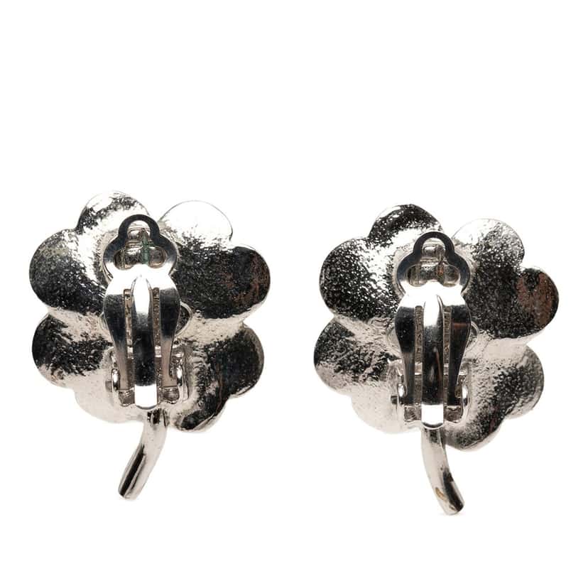 Chanel CC Brass Enamel and Strass Clover Clip On Earrings Silver Metal Very good condition - Back View