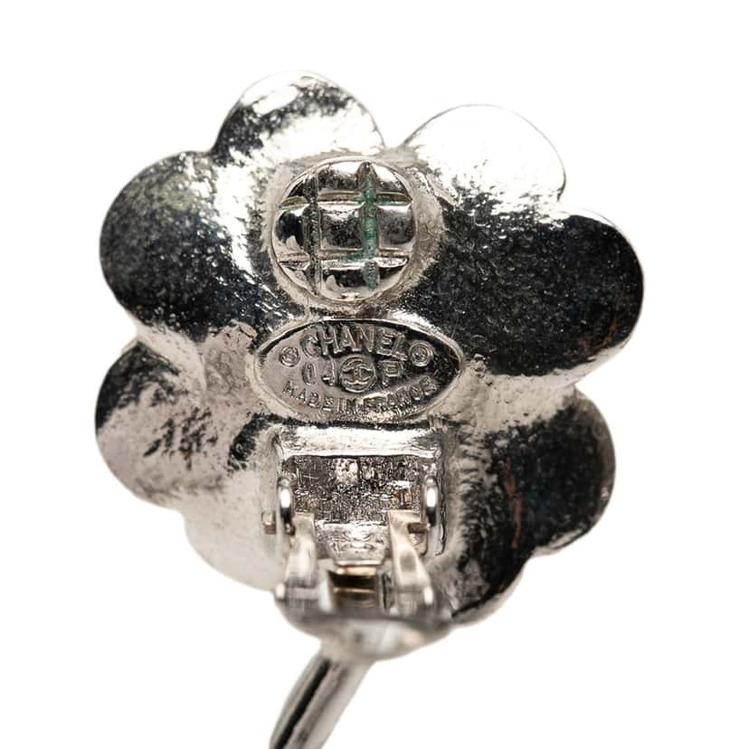 Chanel CC Brass Enamel and Strass Clover Clip On Earrings Silver Metal Very good condition - Inside View