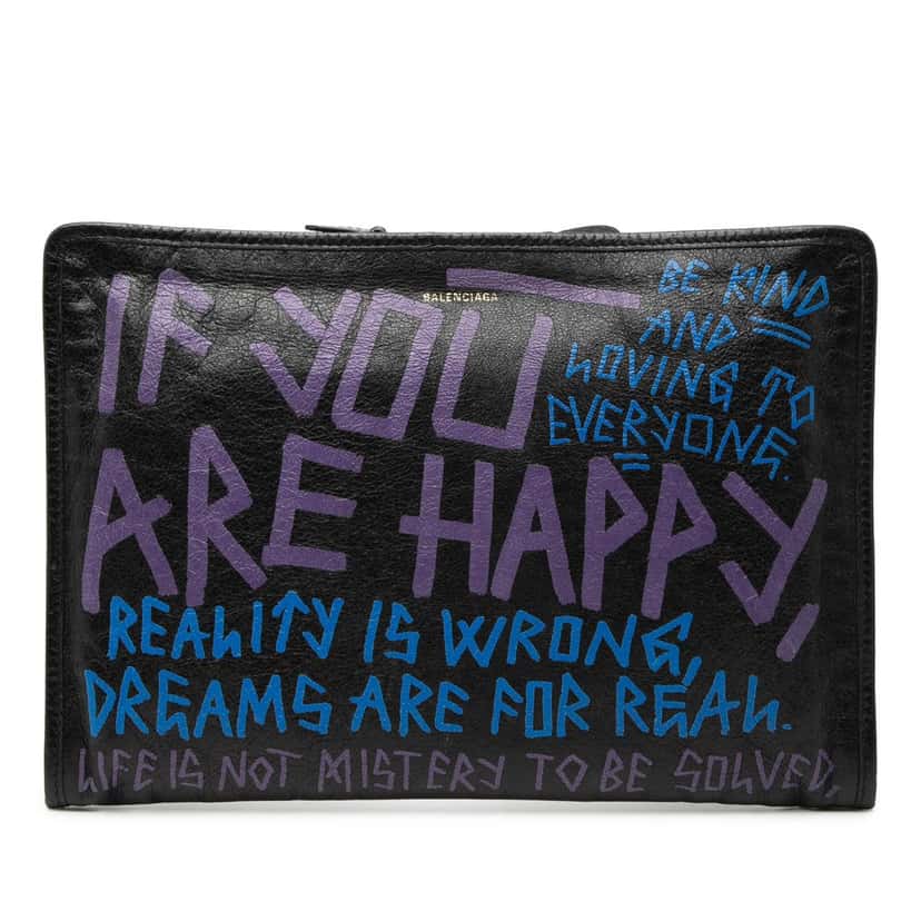 Balenciaga Lambskin Graffiti Bazar Clutch Black Leather Very good condition - Front View