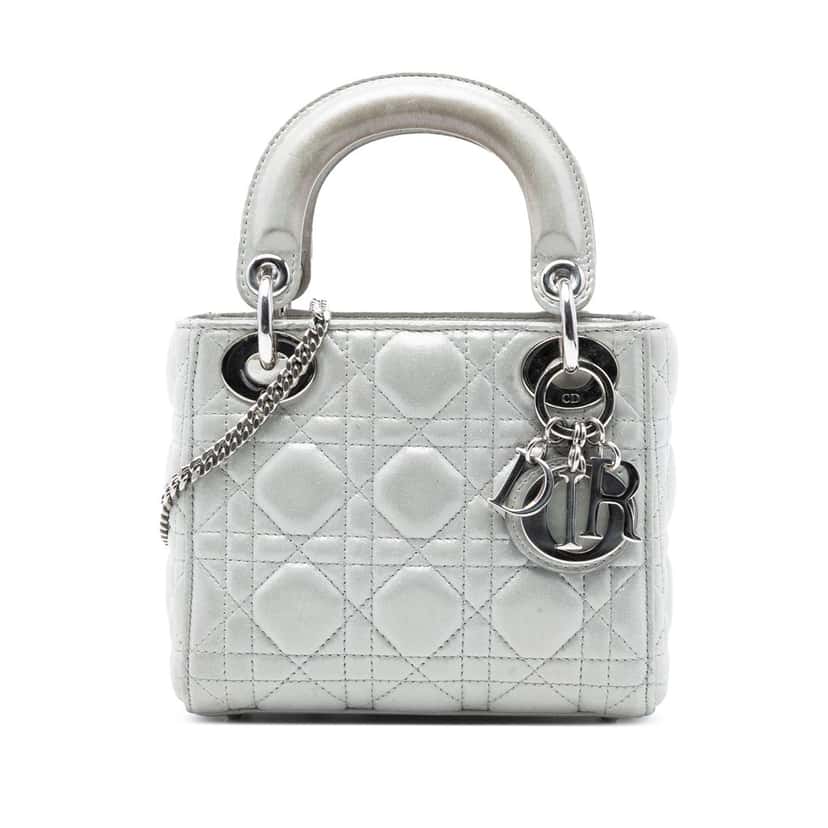 Dior Mini Iridescent Lambskin Cannage Lady Dior Silver Leather Very good condition - Front View