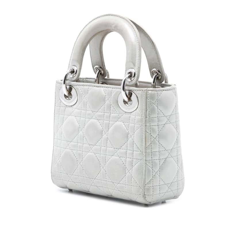 Dior Mini Iridescent Lambskin Cannage Lady Dior Silver Leather Very good condition - Back View