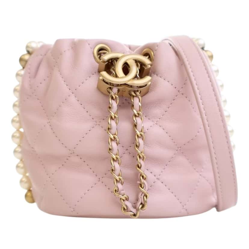Chanel Mini Quilted Calfskin About Pearls Drawstring Bucket Bag Pink Leather Very good condition - Front View