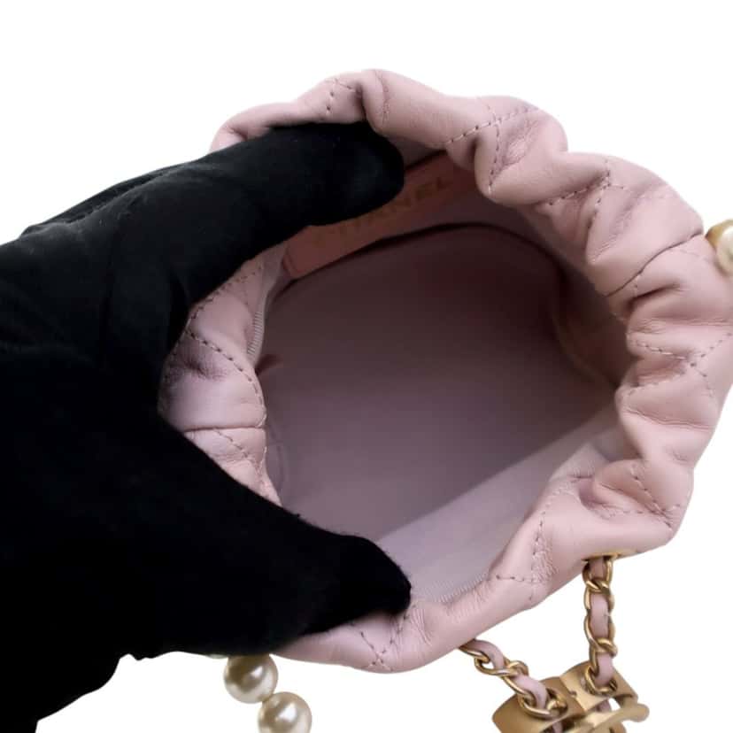 Chanel Mini Quilted Calfskin About Pearls Drawstring Bucket Bag Pink Leather Very good condition - Box View