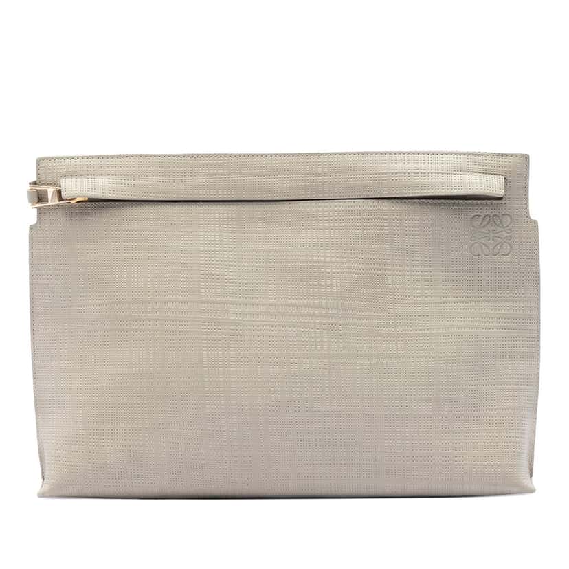 LOEWE Large Linen Embossed Calfskin Anagram T Pouch Beige Leather Very good condition - Front View