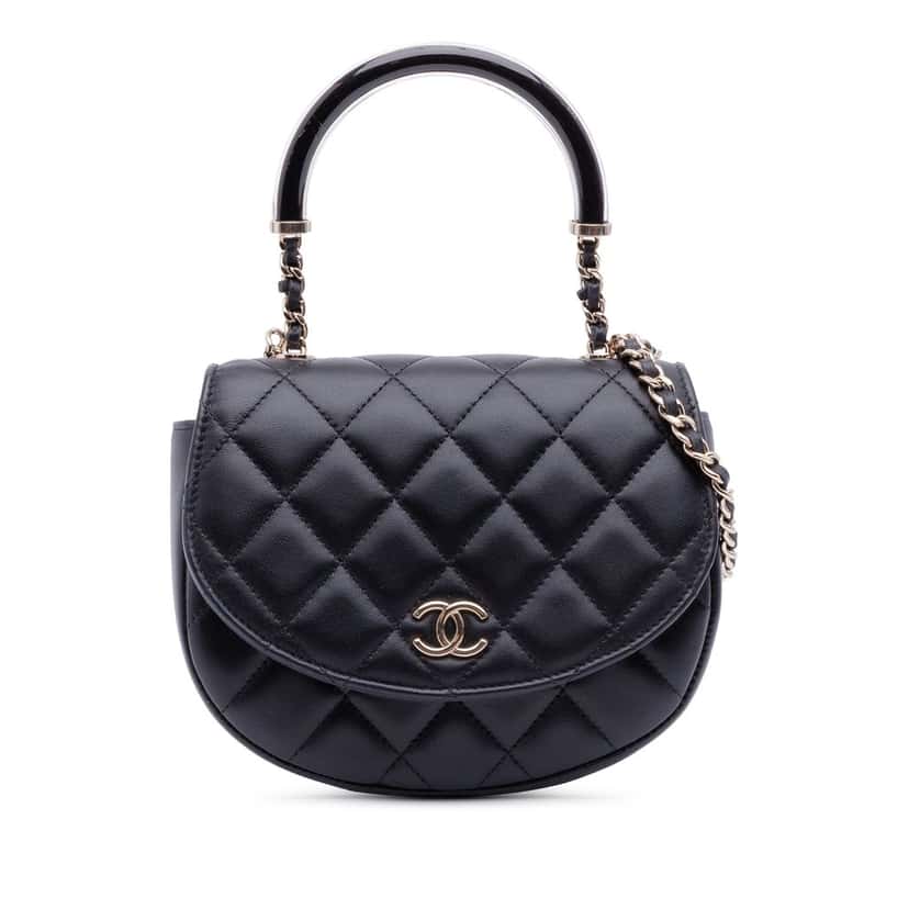 Chanel CC Quilted Lambskin Half Moon Top Handle Flap Black Leather Very good condition - Front View