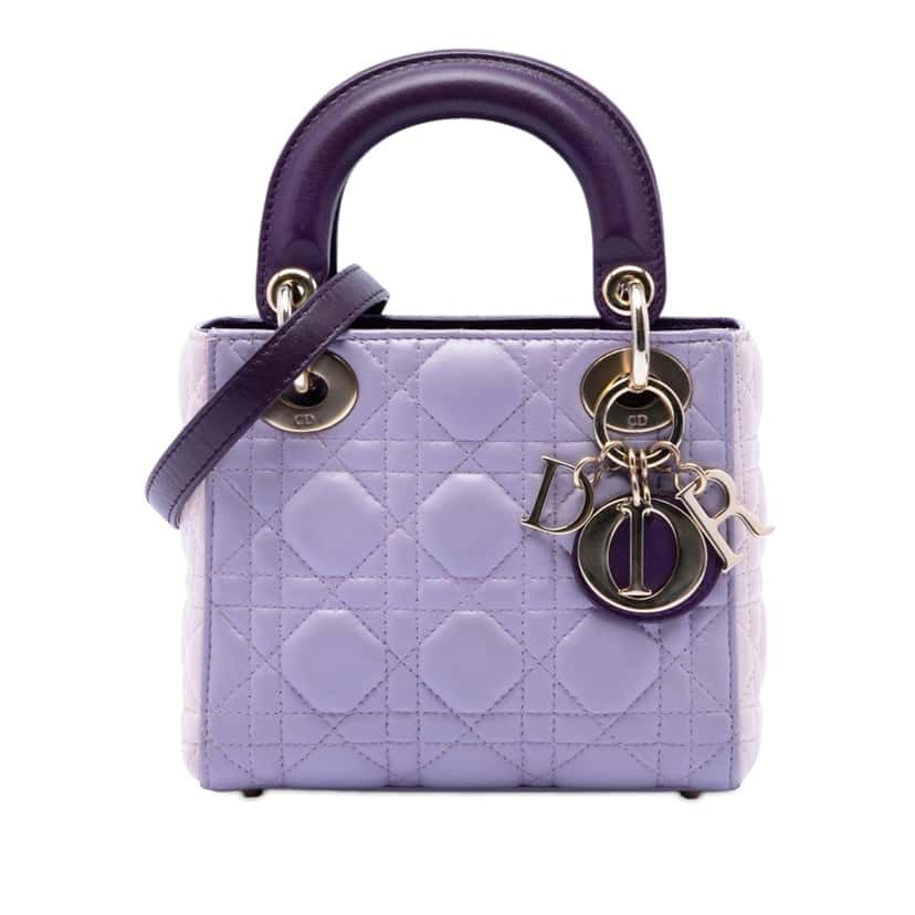 Dior Mini Tricolor Lambskin Cannage Lady Dior Purple Leather Very good condition - Front View