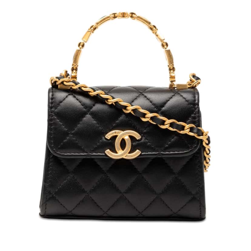 Chanel Mini CC Quilted Lambskin Enamel Top Handle Bag Black Leather Very good condition - Front View