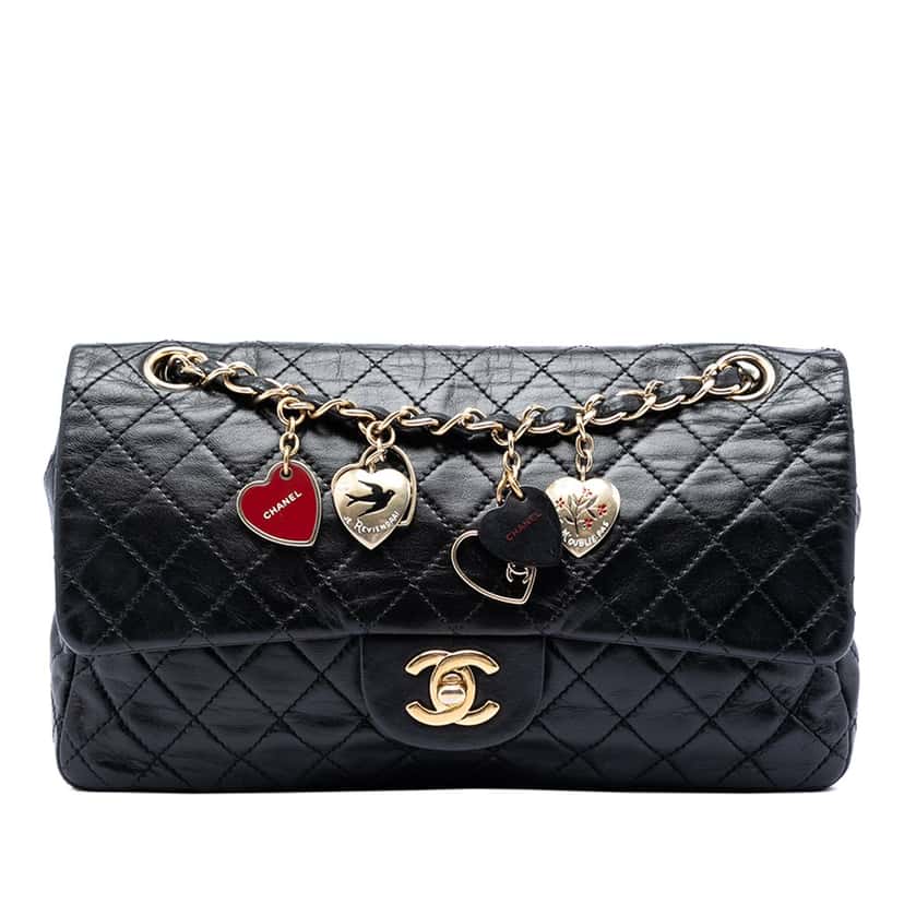 Chanel Medium Classic Lambskin Valentines Heart Charms Single Flap Black Leather Very good condition - Front View