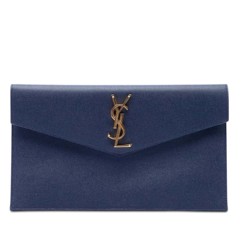 Saint Laurent Grain de Poudre Uptown Pouch Blue Leather Very good condition - Front View