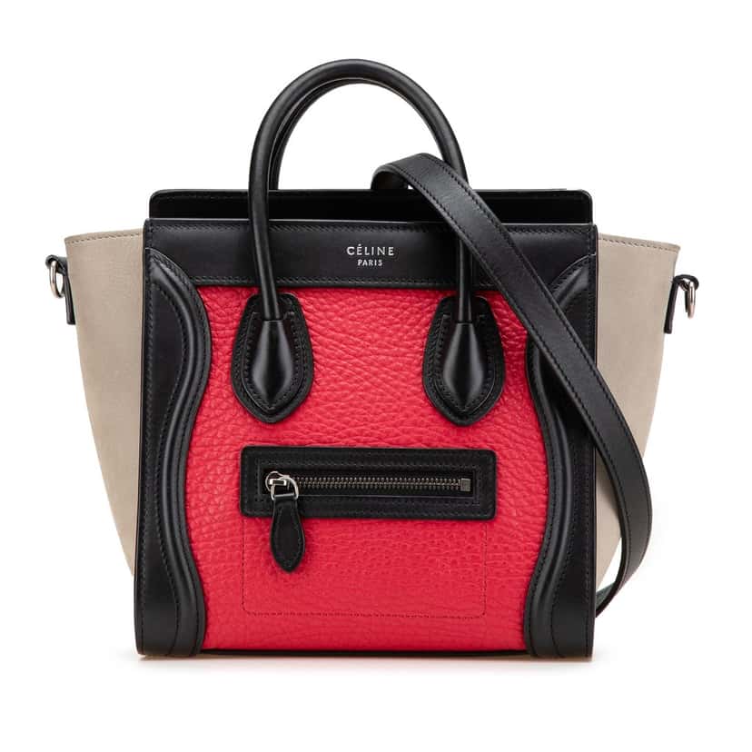 Celine Nano Tricolor Nubuck and Calfskin Luggage Tote Red Leather Very good condition - Front View