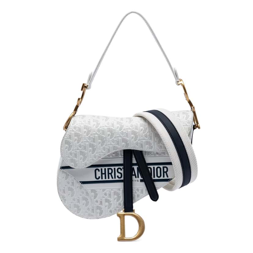 Dior Perforated Oblique Embossed Calfskin Saddle Bag White Leather Very good condition - Front View