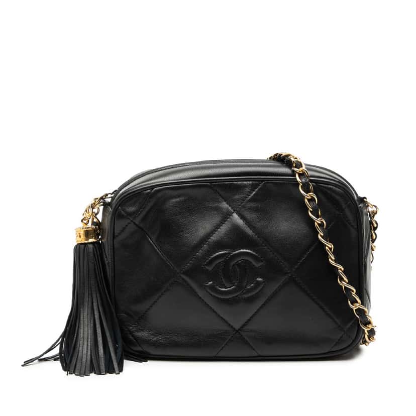 Chanel CC Quilted Lambskin Tassel Camera Bag Black Leather Very good condition - Front View