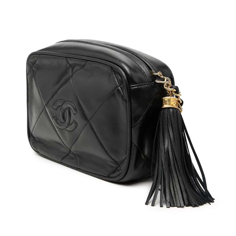 Chanel CC Quilted Lambskin Tassel Camera Bag Black Leather Very good condition - Back View