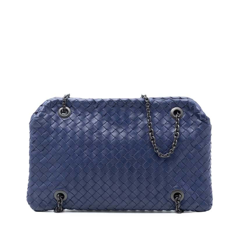 Bottega Veneta Nappa Intrecciato Duo Shoulder Bag Blue Leather Very good condition - Front View