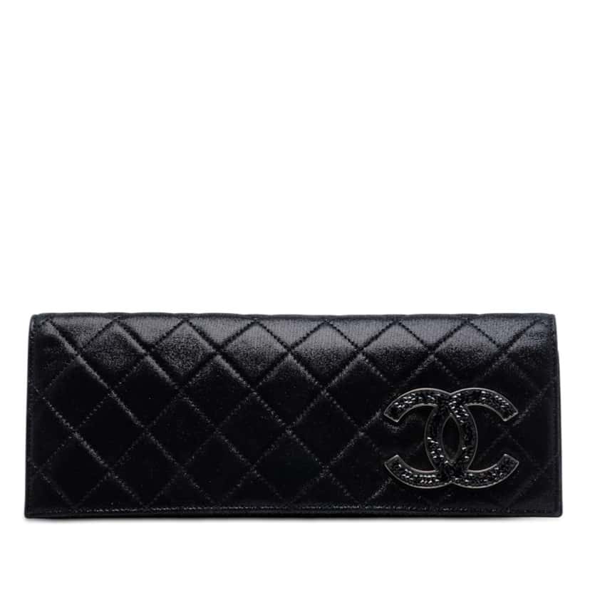 Chanel Quilted Iridescent Suede Crystal CC Clutch Black Leather Very good condition - Front View