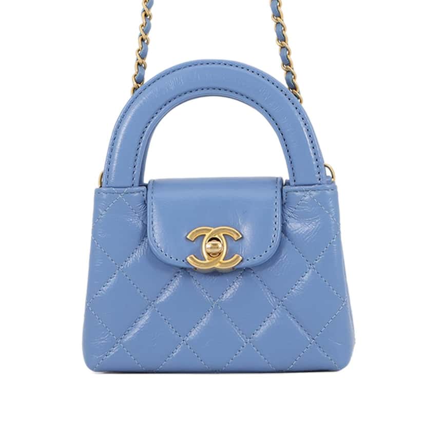Chanel Mini Nano Aged Calfskin Kelly Shopper Bag Blue Leather Very good condition - Front View