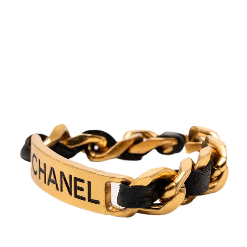 Chanel Gold Plated Leather Woven Chain Logo Plate Cuff Bracelet Gold Metal Very good condition - Back View