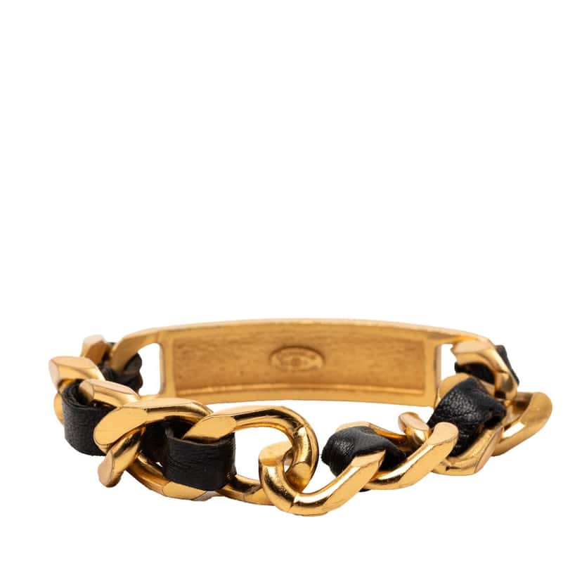 Chanel Gold Plated Leather Woven Chain Logo Plate Cuff Bracelet Gold Metal Very good condition - Inside View