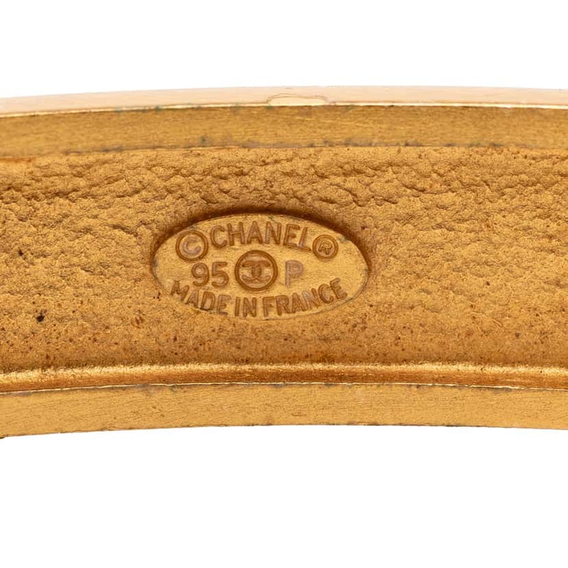 Chanel Gold Plated Leather Woven Chain Logo Plate Cuff Bracelet Gold Metal Very good condition - Model View