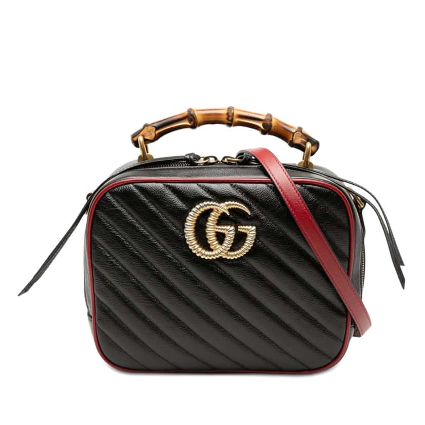 Gucci Small GG Marmont Matelasse Diagonal Leather Torchon Bamboo Satchel Black Leather Very good condition - Front View