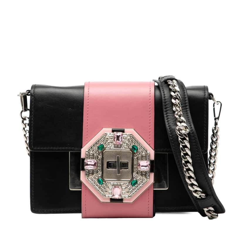 Prada City Calf Crystal Embellished Ribbon Bag Black Leather Very good condition - Front View