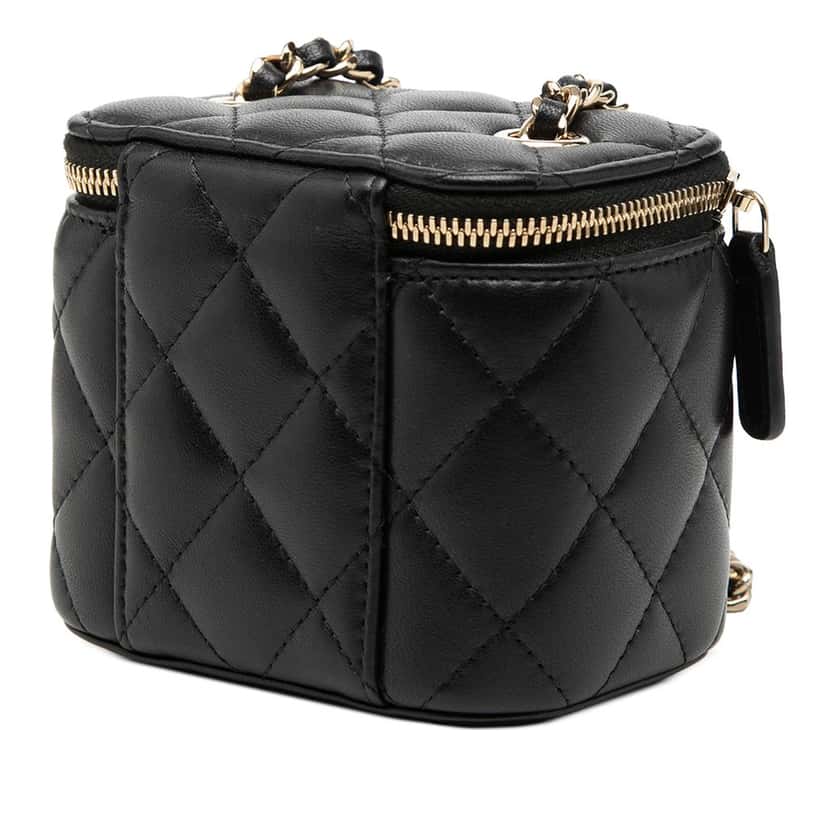 Chanel Mini Quilted Lambskin Vanity Case with Chain Black Leather Very good condition - Back View
