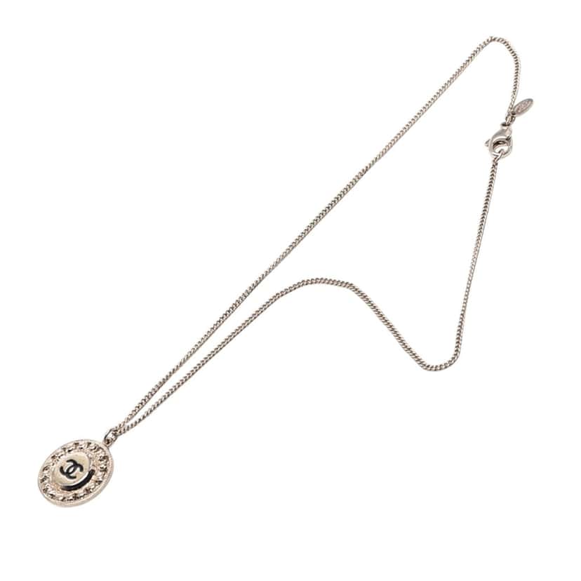 Chanel CC Silver Plated Crystal Enamel Pendant Necklace Silver Metal Very good condition - Front View