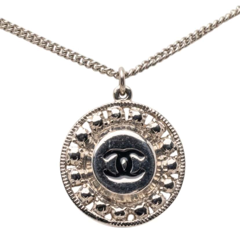 Chanel CC Silver Plated Crystal Enamel Pendant Necklace Silver Metal Very good condition - Back View