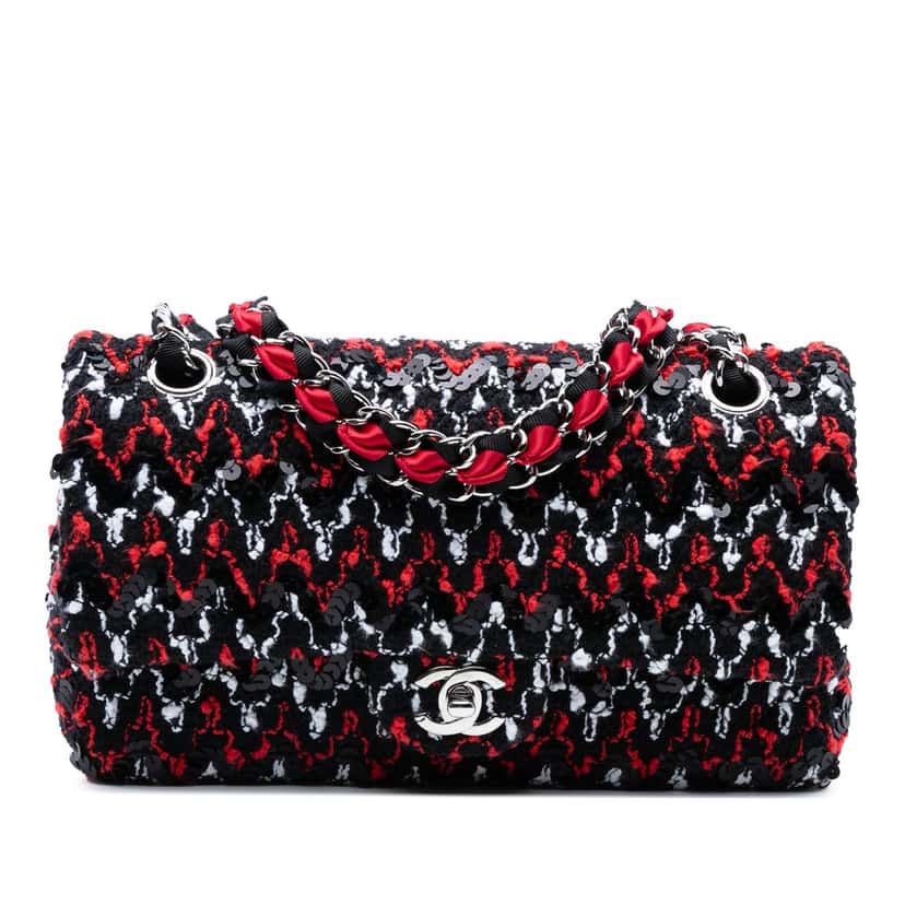 Chanel Medium Classic Tweed Sequins Double Flap Black Good condition - Front View