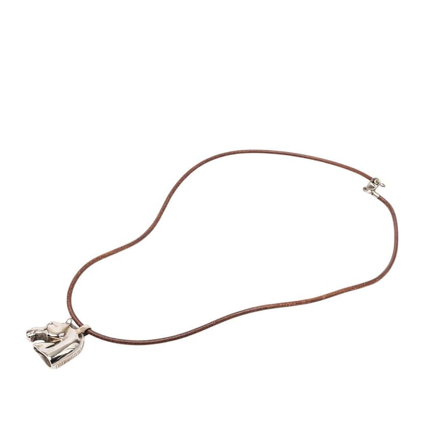 Hermès Palladium Plated Horse Head Pendant Necklace Silver Metal Very good condition - Front View