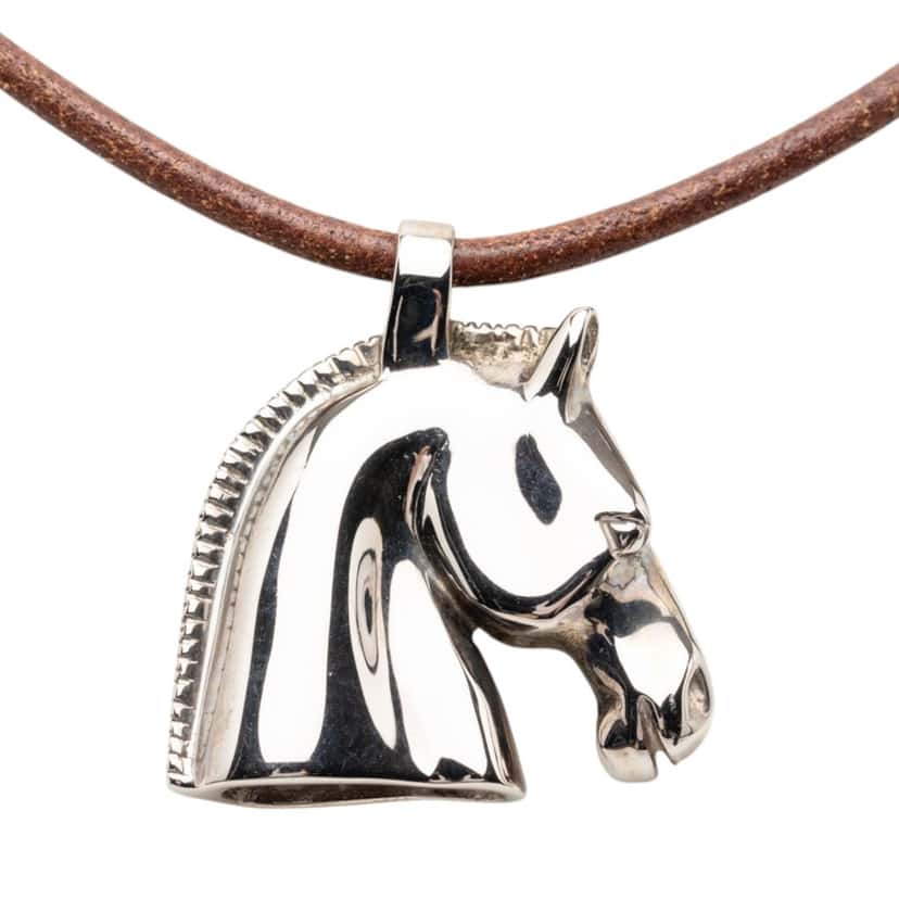 Hermès Palladium Plated Horse Head Pendant Necklace Silver Metal Very good condition - Back View