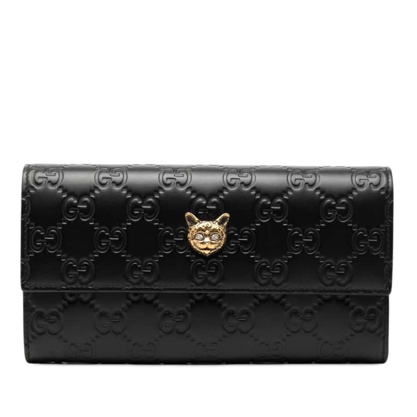 Gucci Guccissima Signature Crystal Cat Continental Wallet Black Leather Very good condition - Front View