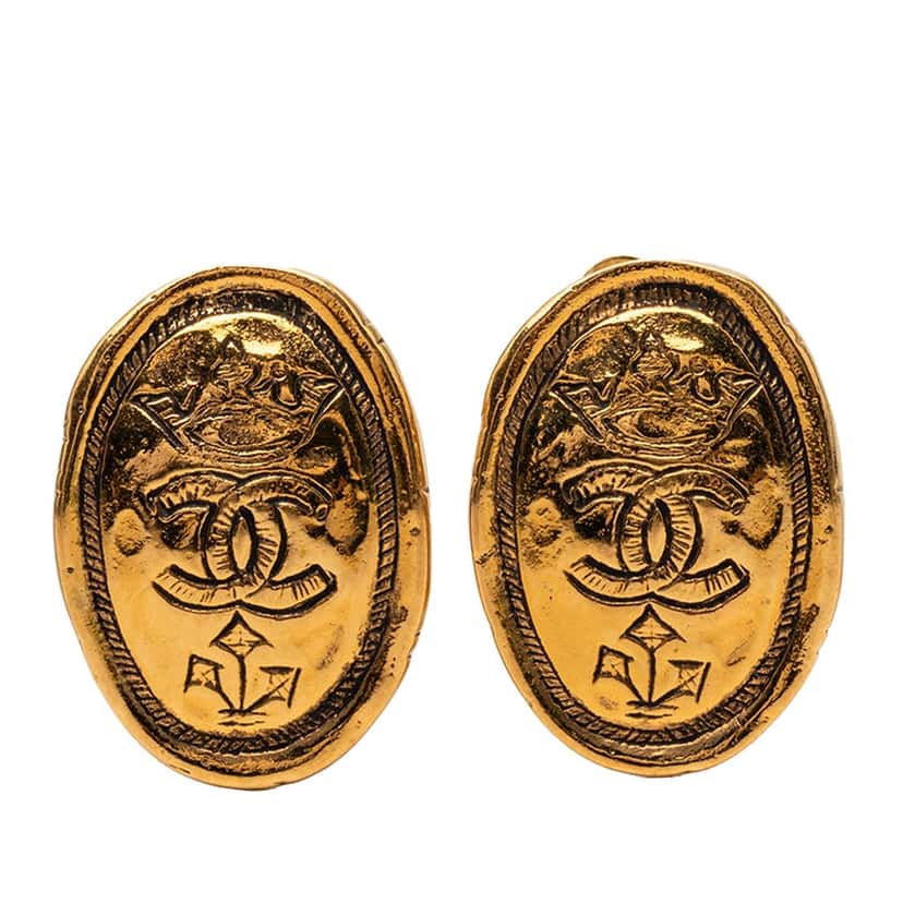 Chanel CC Gold Plated Oval Crown Earrings