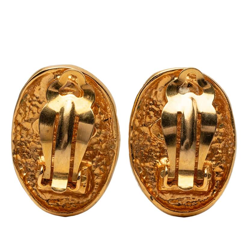 Chanel CC Gold Plated Oval Crown Earrings Gold Metal Very good condition - Back View