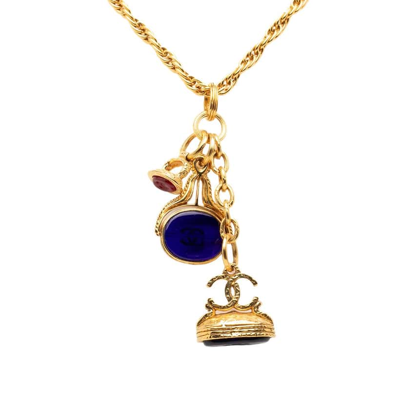 Chanel CC Gold Plated Gripoix Glass Triple Pendant Necklace Gold Metal Very good condition - Back View