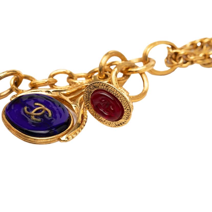 Chanel CC Gold Plated Gripoix Glass Triple Pendant Necklace Gold Metal Very good condition - Inside View