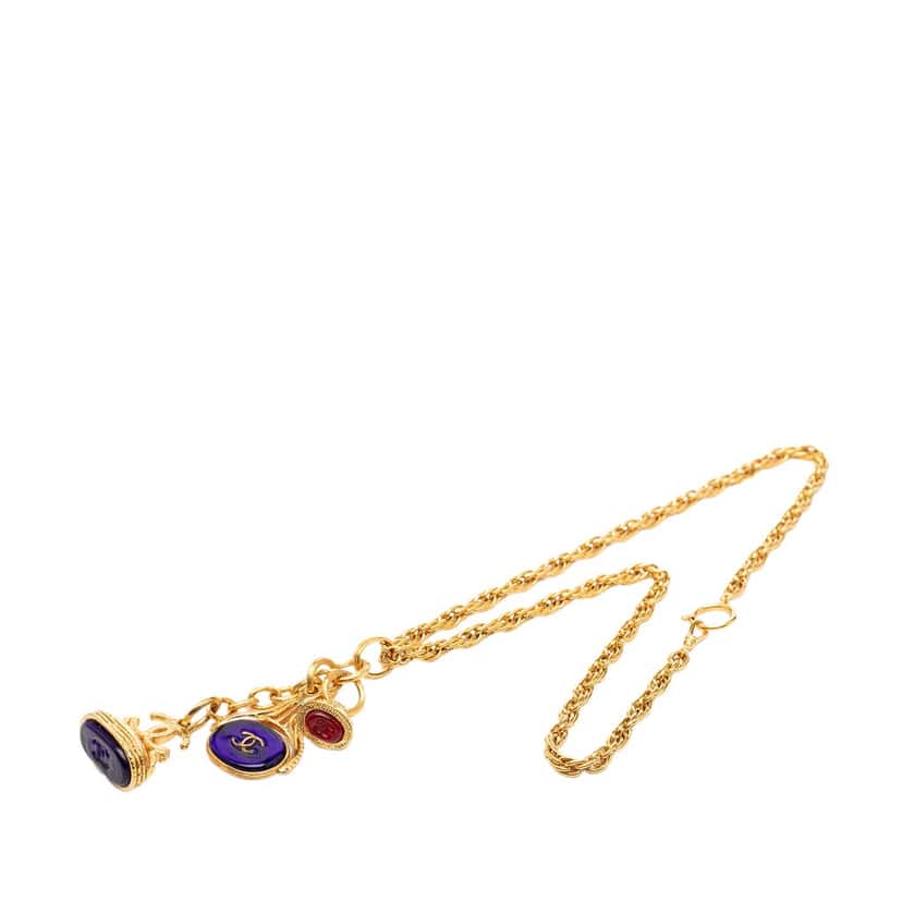 Chanel CC Gold Plated Gripoix Glass Triple Pendant Necklace Gold Metal Very good condition - Box View